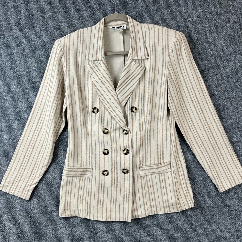Vintage In Moda Blazer Women's Size Small Beige  Striped‎ Double Button Office